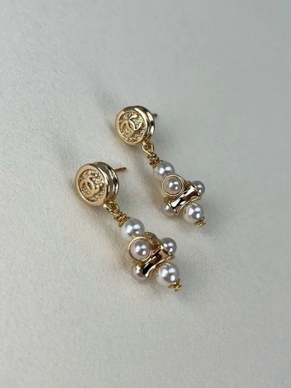 Chanel Pendant Earrings CC Pearl Drop Dangle Earrings Gold & White